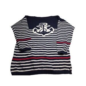 Roo Crossing Navy Blue Striped Anchor Knit Sweater Womens Coastal Nautical M